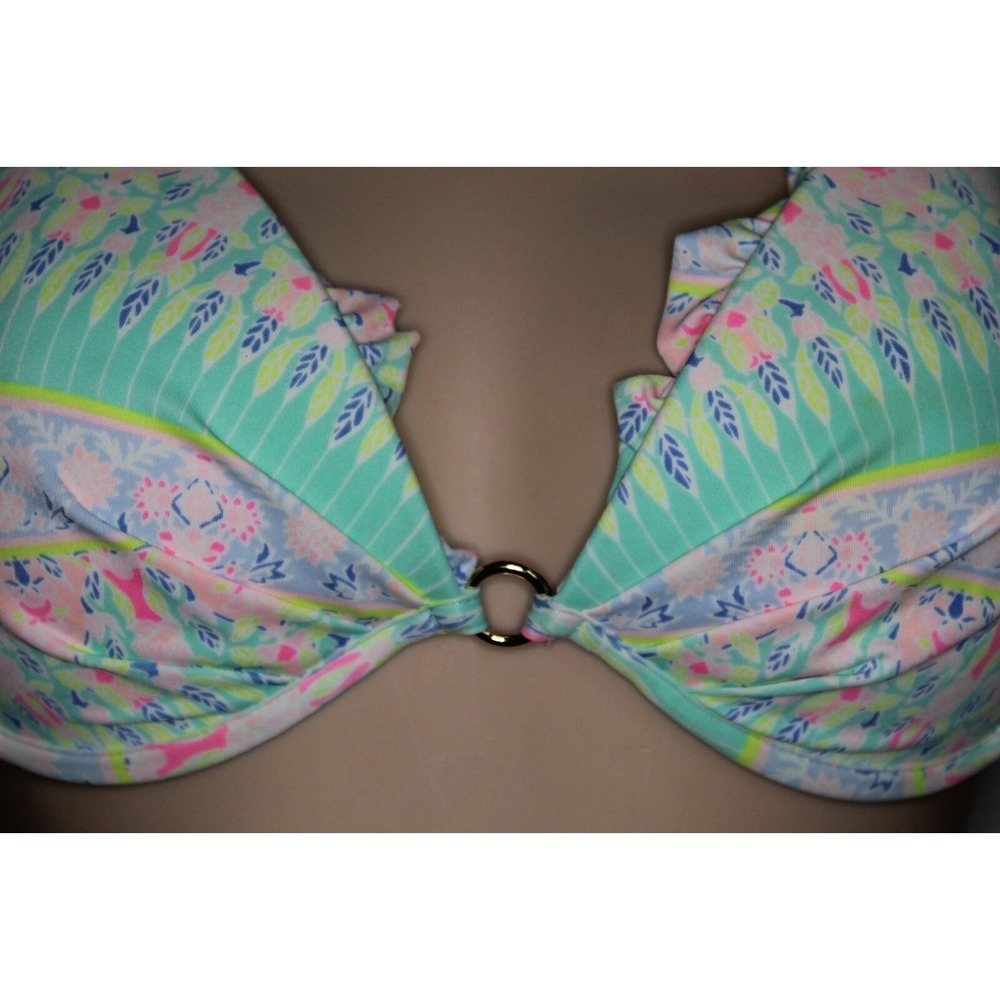 ✨2/$20 Victoria's Secret Ruffle Halter Tie Bikini Top White Multi Pastel 36C - Picture 3 of 7